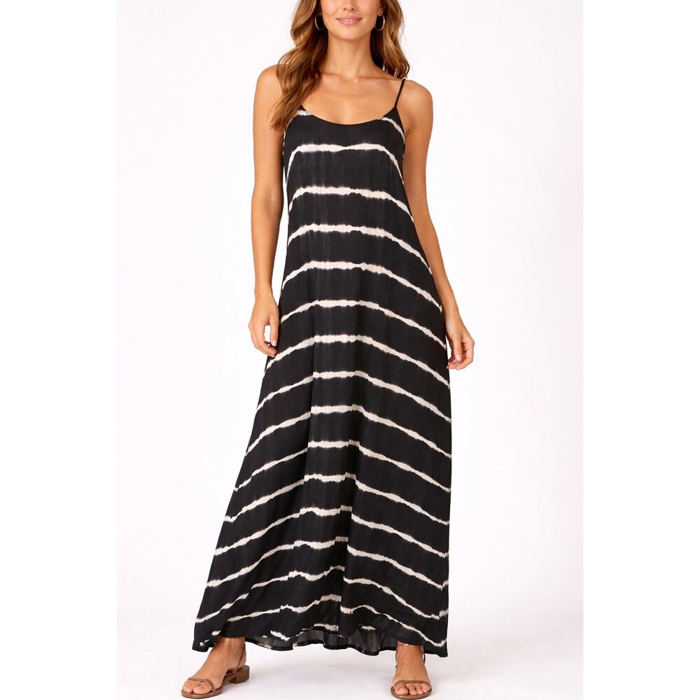 La Miel Boho Maxi Dress BlackWhite Striped Tie Dye Semi Sheer Spaghetti Strap M